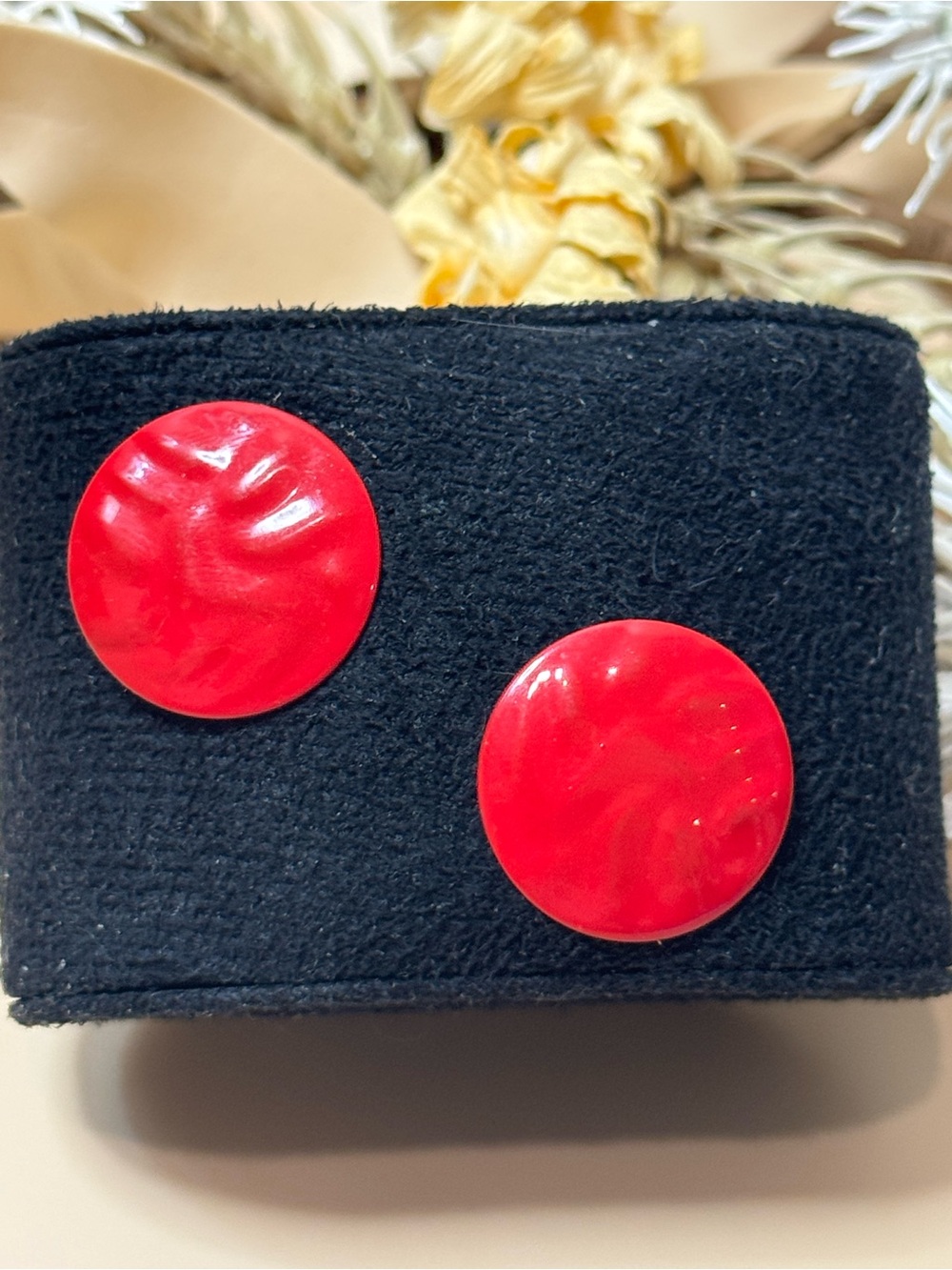 Vintage Red Round Disc Statement Stud Earrings Pierced